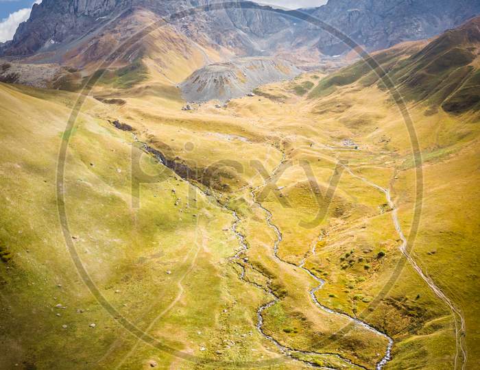 Aerial View To Rivers And Landscape In Juta Valley. Kazbegi National Park