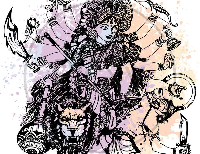 Image Of Sketch Of Goddess Durgi Or Durga Maa Sitting Above The Tiger