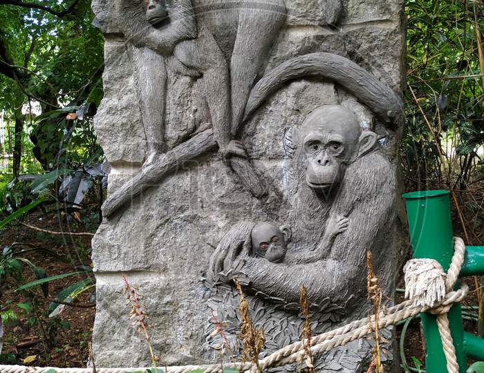 Inside The Mysore Zoo Embossed Monkey Stone Statues
