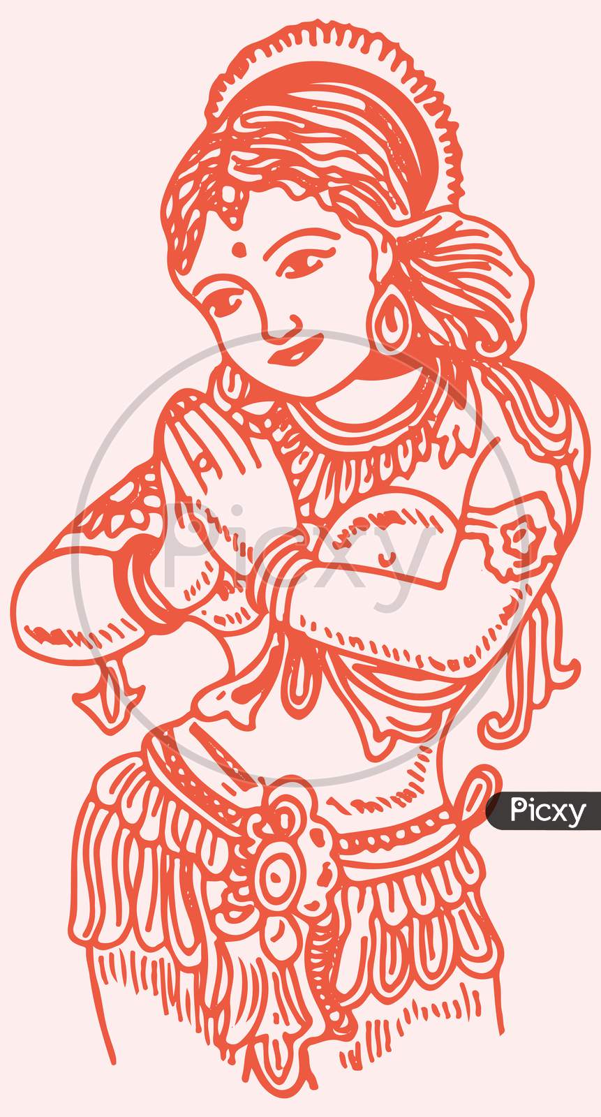 Drawing Of Indian Traditional Dressed Lady Doing Namaste Outline Editable Vector Illustration