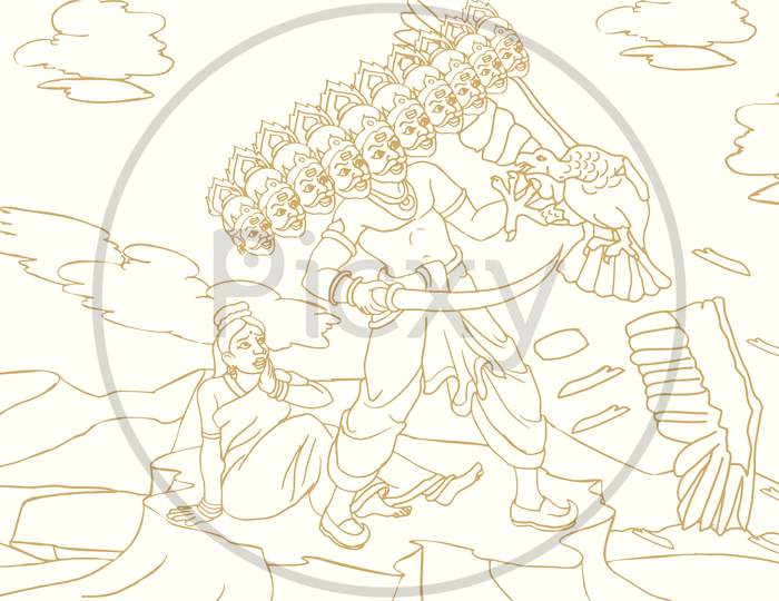 Sketch Of Ten Headed Ravana Cutting The Jatayu Or Eagle Wings In A Ramayan Outline Editable Vector Illustration