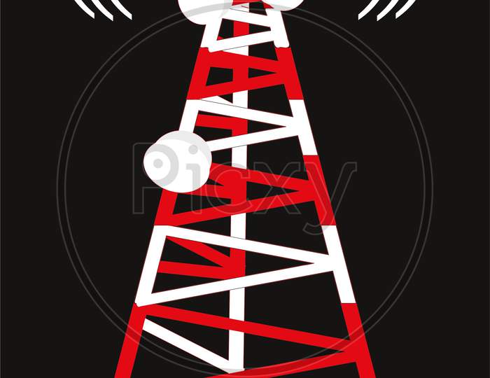 Mobile Tower Clip Art In Red Color. White Background. Network Tower Icon, Isolated On Black Background.