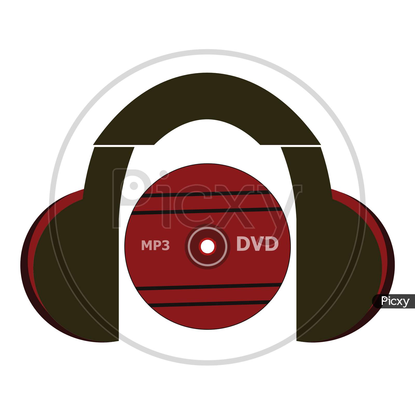 Black Headphone Computer Graphics With A Red Music Dvd. Isolated Music Gadgets On White Background.