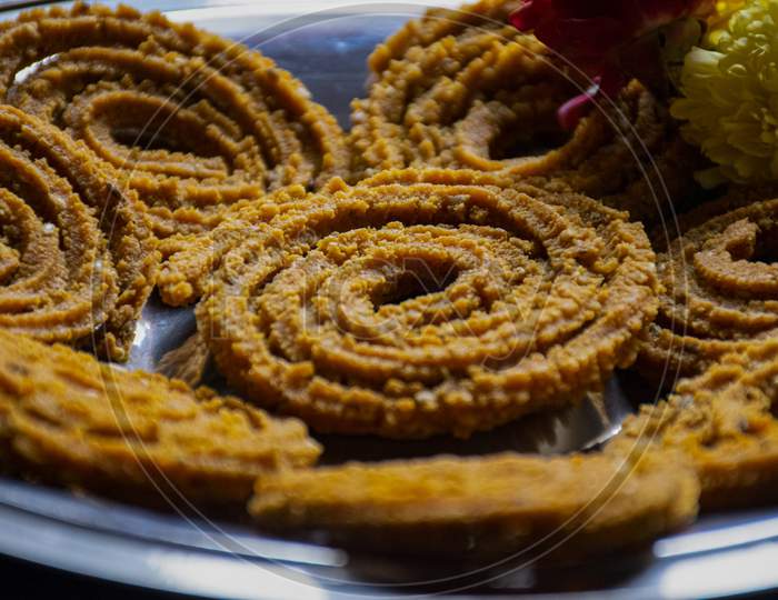 Picture Of Traditional Festival Snacks Of India Chakali, Popular Homemade Salty And Spicy Snacks.
