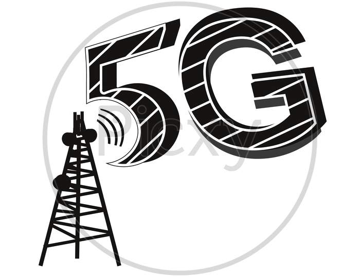 5G Network Tower Clip Art. 5G Network Icon, Isolated On White Background. 5G Internet, Vector Illustration, Black And White Color.