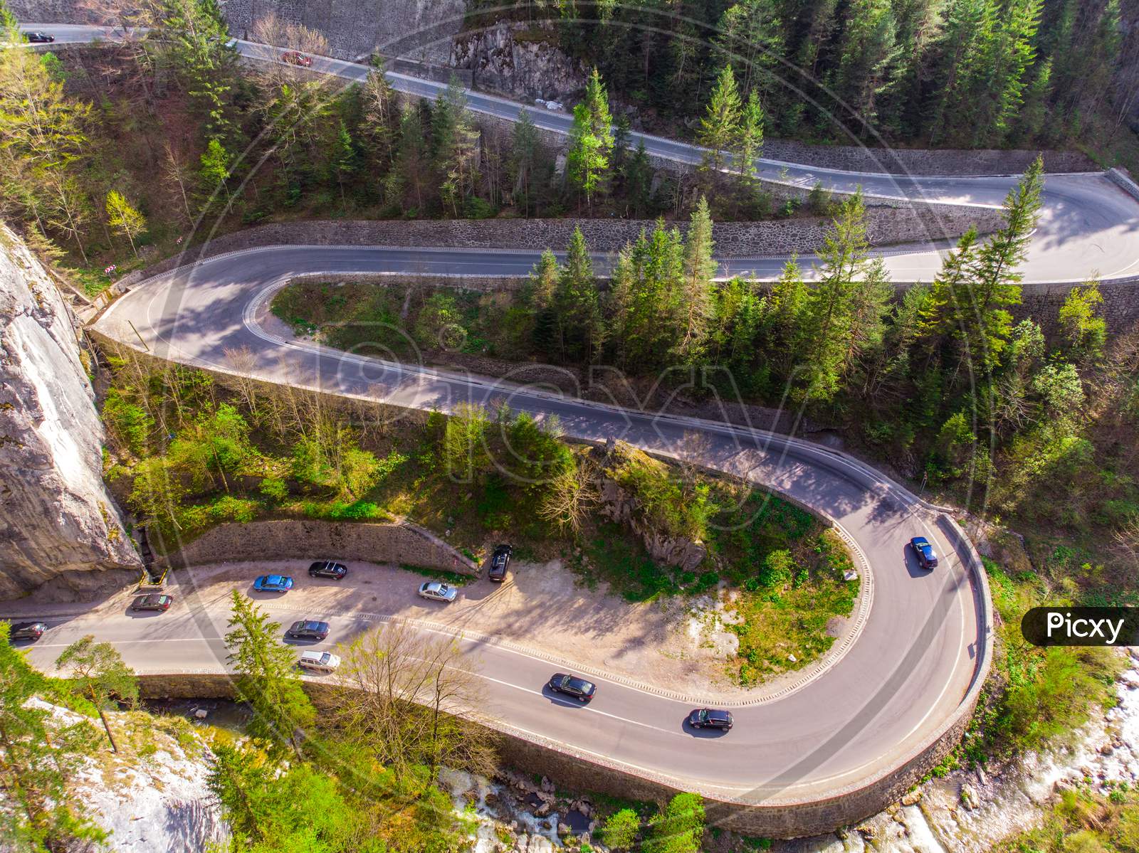 Aerial View Of Curvy Forest Road