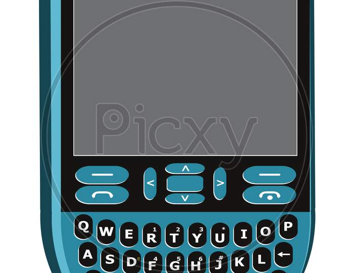 Illustration of old model blue cell phone having qwerty keyboard