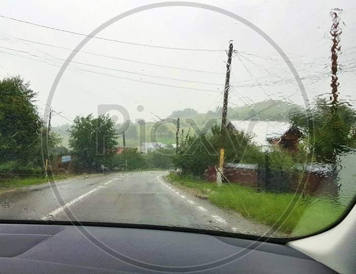 Road View In Heavy Rain