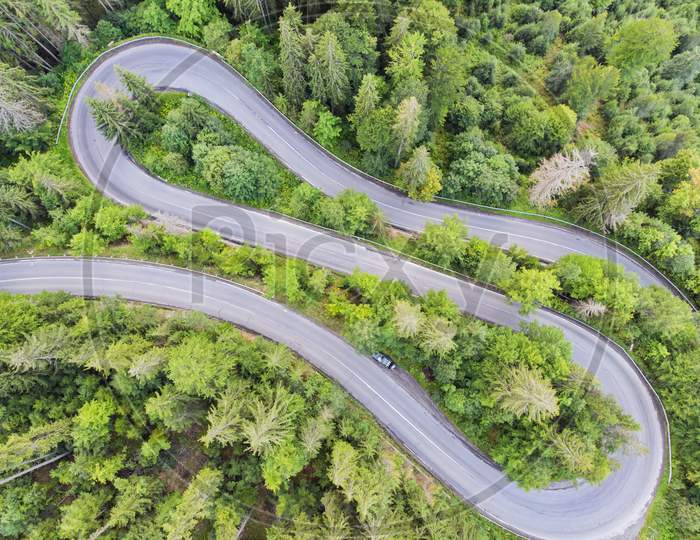 View From Above Of A Forest Curvy Road