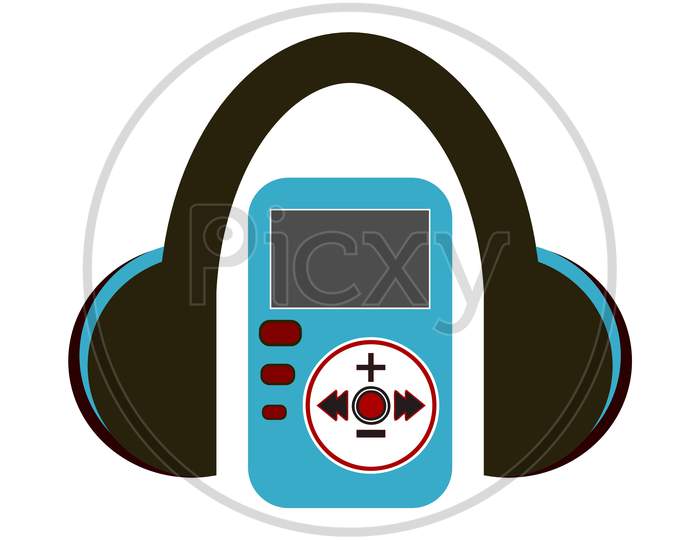 Black Headphone Computer Graphics With A Blue Color Music Player. Isolated Music Gadgets On White Background.