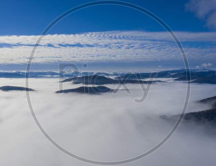 Low Clouds In Valley, Aerial Morning Scene
