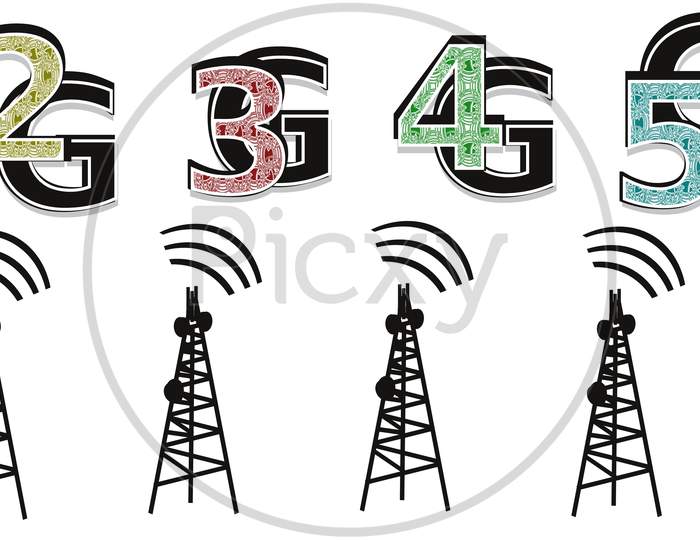 Vector Illustration, Internet Network Icons. 2G, 3G, 4G, 5G Mobile Networks Clip Art, Isolated On White Background.