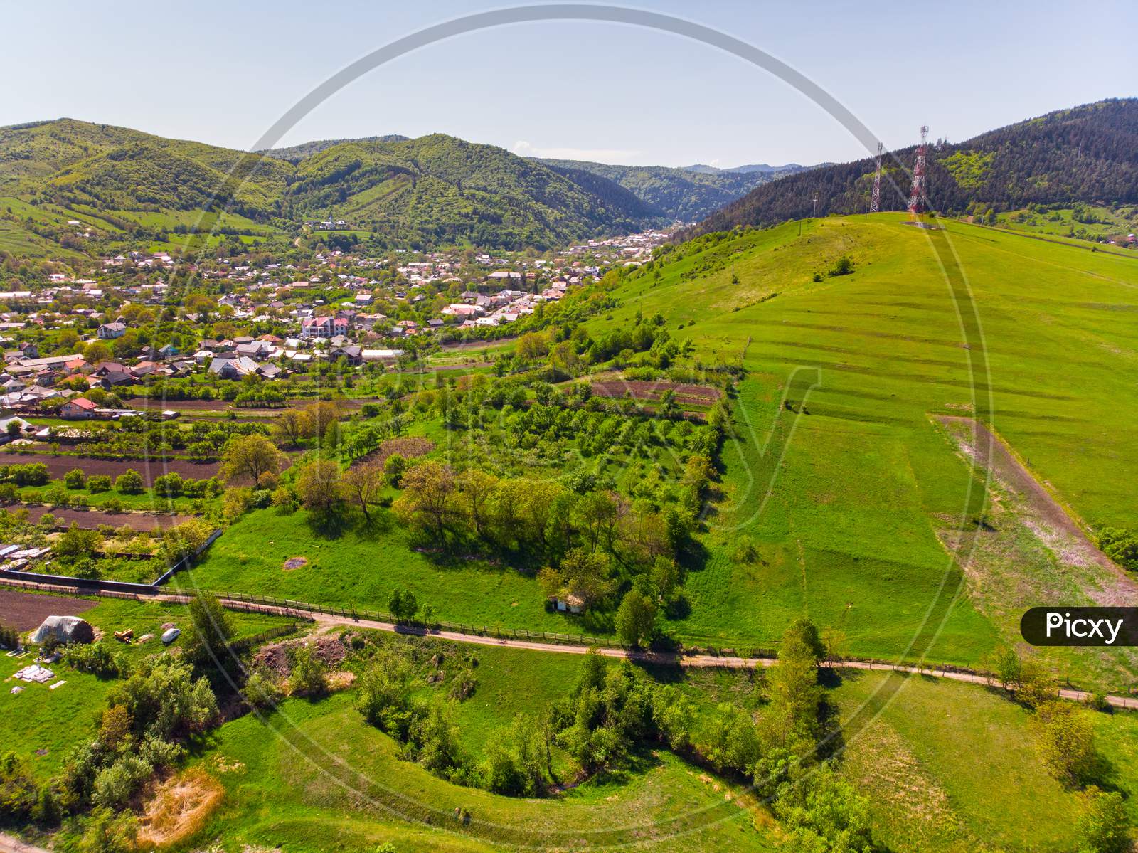 Aerial View Of Village In Spring