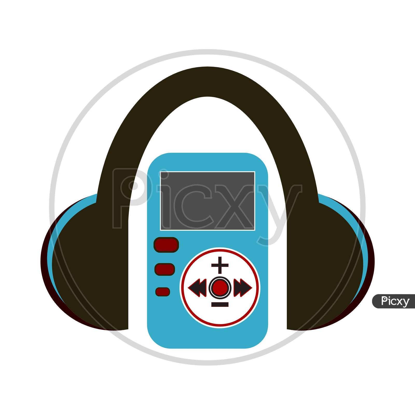 Black Headphone Computer Graphics With A Blue Color Music Player. Isolated Music Gadgets On White Background.