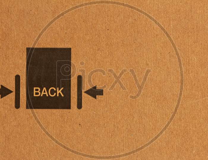Packaging Symbol To Indicate Back Side Of The Material Inside. Back Side Symbol Used In Logistics And Delivery