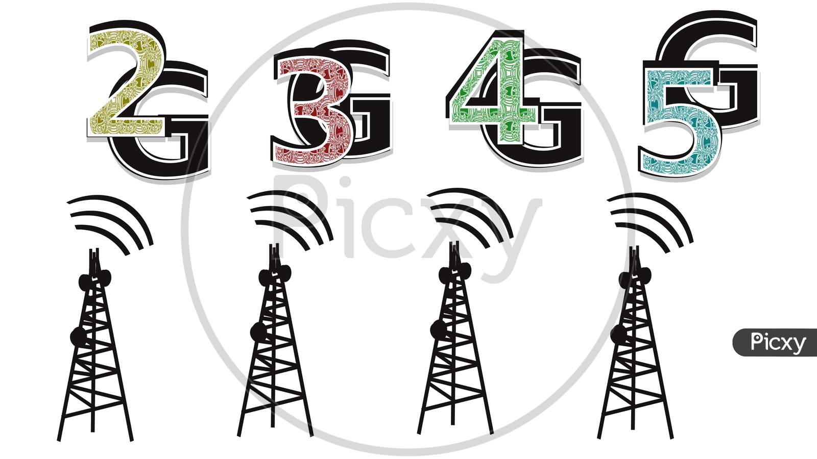 Vector Illustration, Internet Network Icons. 2G, 3G, 4G, 5G Mobile Networks Clip Art, Isolated On White Background.
