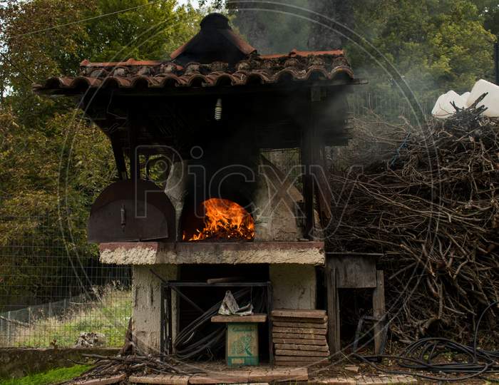 Traditional Pizza Oven Burning Wood