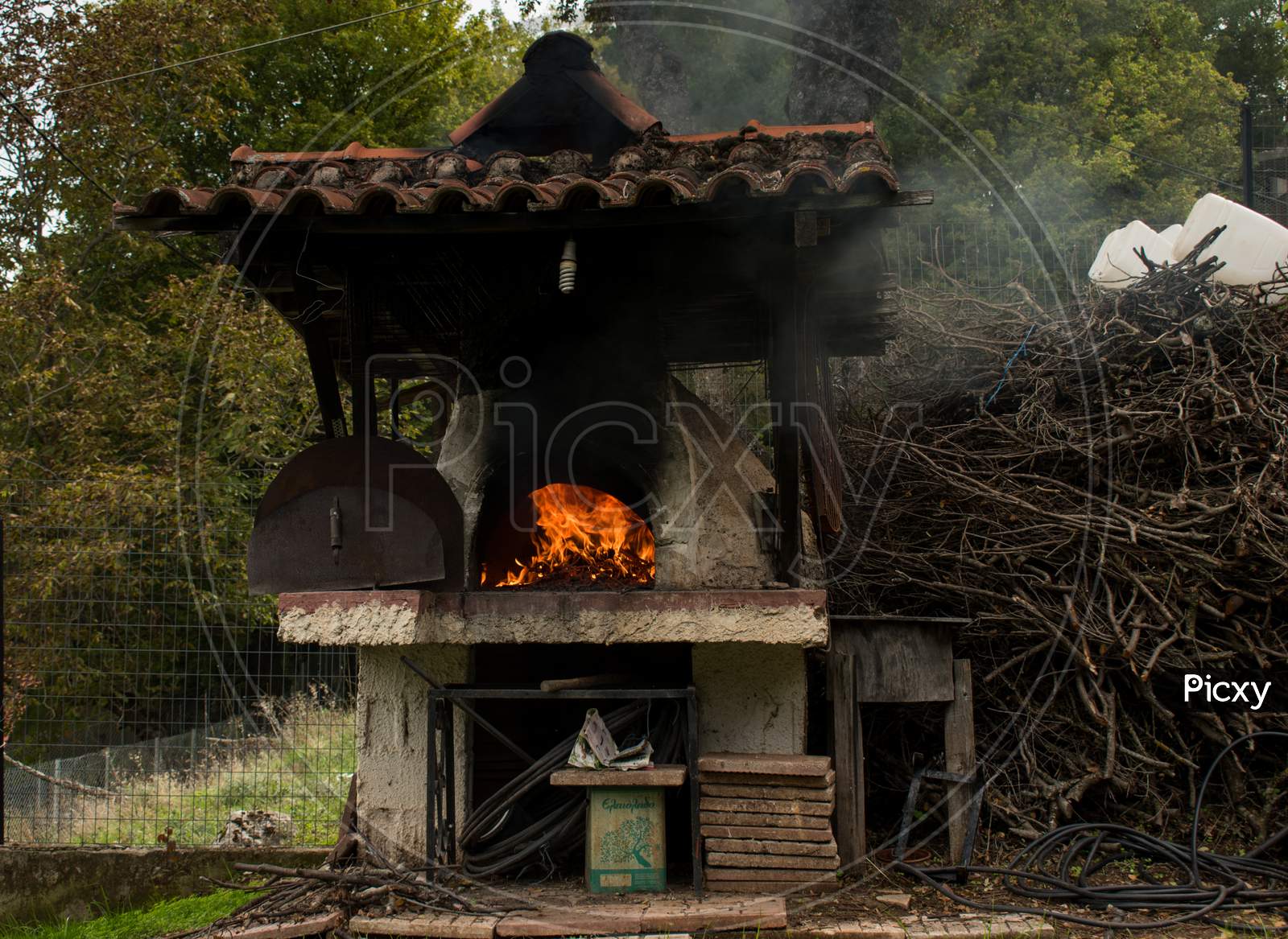 Traditional Pizza Oven Burning Wood
