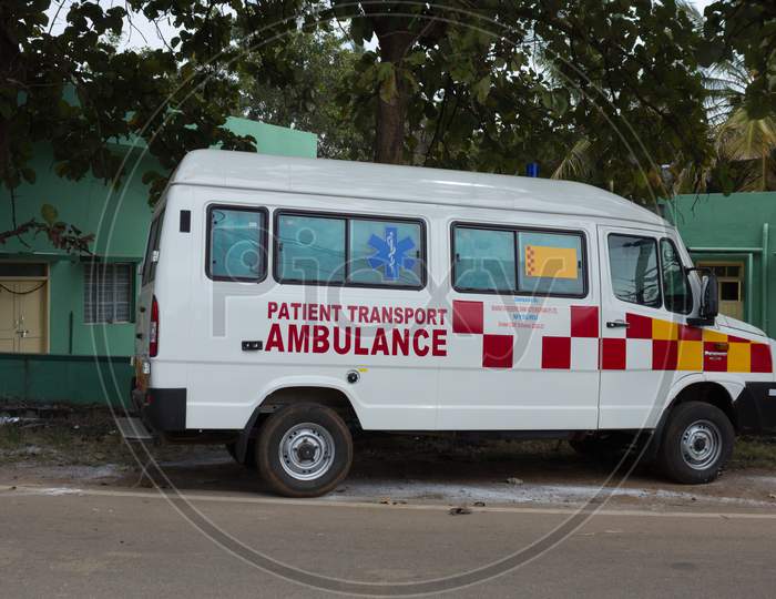 An Hospital Ambulance is kept ready for emergency cases of Covid 19 patients in Talakadu village near Mysuru in India.