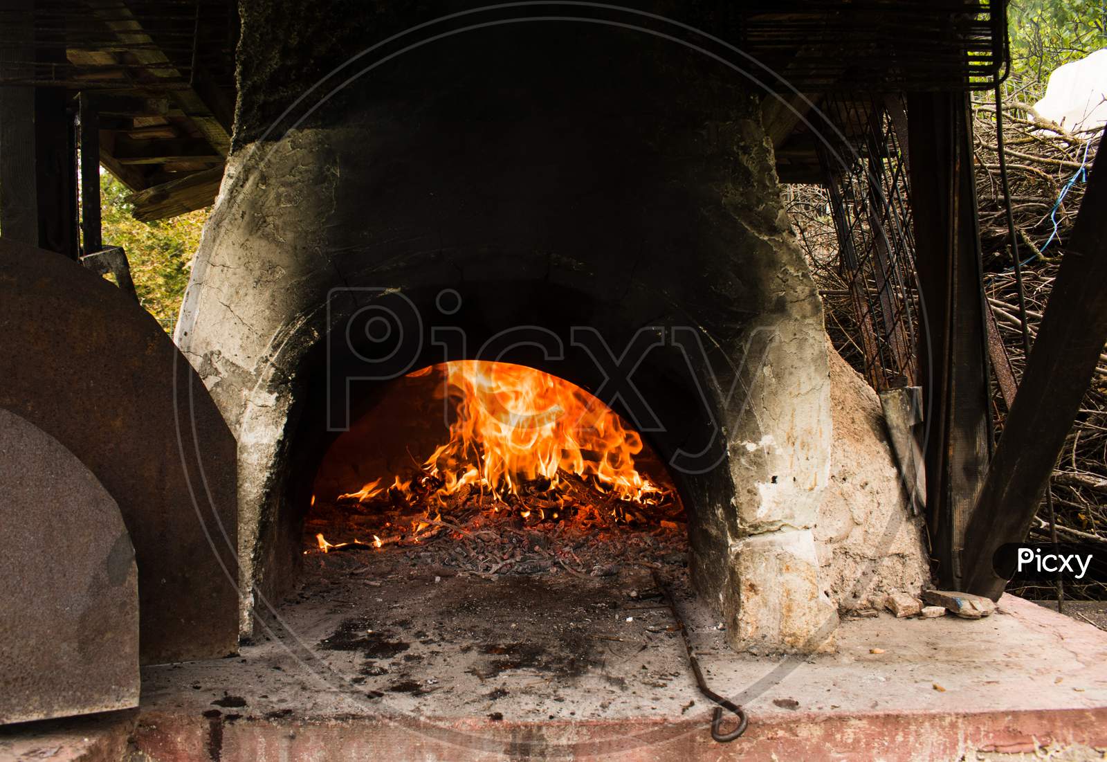 Pizza Oven Interior Burning Wood