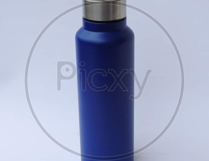 Blue Color Steel Water Bottle with Cap Open and Closed with Base isolated on white background
