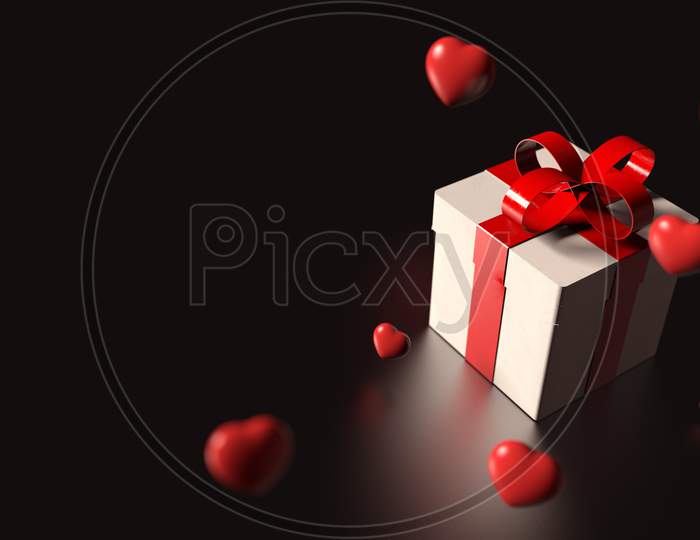 White Gift Box With Red Ribbon And Many Heart Falling From Sky On Black Background. Valentine Christmas Holiday And Black Friday Concept. Birthday Celebration Event Banner. 3D Illustration