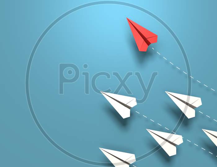 Red Paper Origami Plane Have Individual Direction From Unique White Planes In Different Way On Blue Background. Business Strategy And Opportunity Concept. 3D Illustration