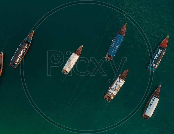 Aerial View Of The Boats And Dhow,  Stone Town In Zanzibar