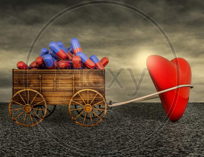 A Red Shiny Heart Pulling A Farm Cart Of Capsule Pills On Asphalt In A Sunset Day. Healthcare Medical Or First Aid Or Need For Change In Health Care Or Offer Accessibility Concept . 3D Illustration