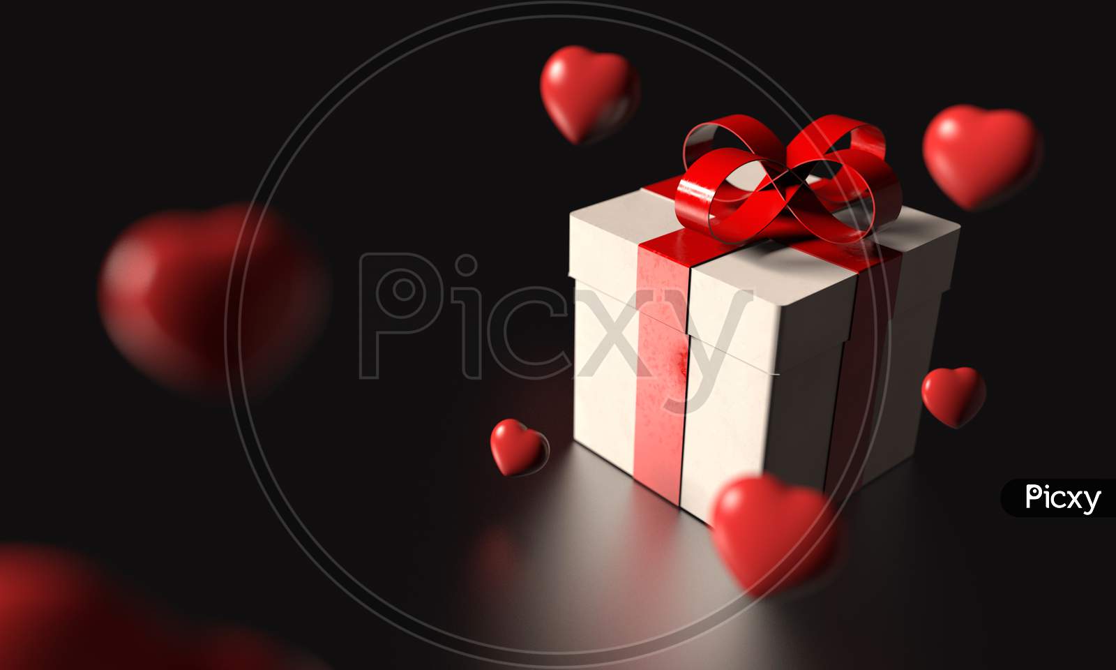 White Gift Box With Red Ribbon And Many Rainy Heart Dropping From Sky On Black Background. Valentine Christmas Holiday And Black Friday Concept. Celebration And Birthday Event. 3D Illustration