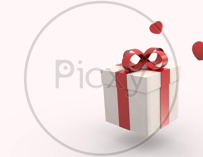 White Gift Box With Red Ribbon And Many Rainy Heart Falling From Sky On Isolated White Background. Valentine Christmas Holiday And Black Friday Concept. Celebration And Birthday Event. 3D Illustration