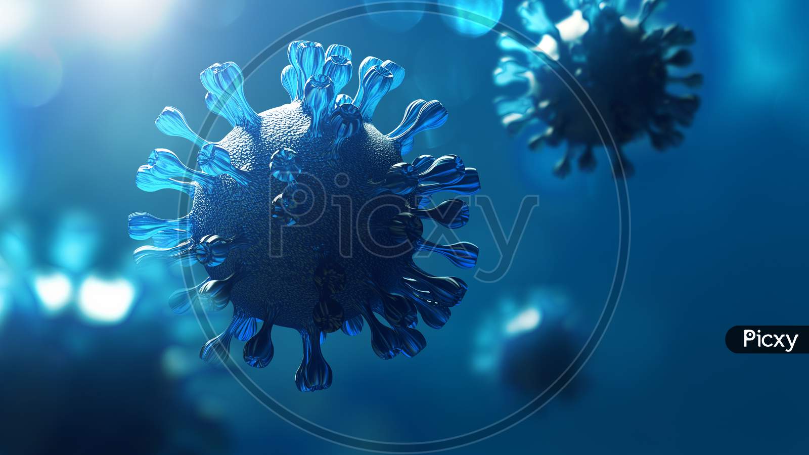 Super Closeup Coronavirus Covid-19 In Human Lung Background. Science Micro Biology Concept. Blue Corona Virus Outbreak Epidemic. Medical Health Virology Infection Researching. 3D Illustration