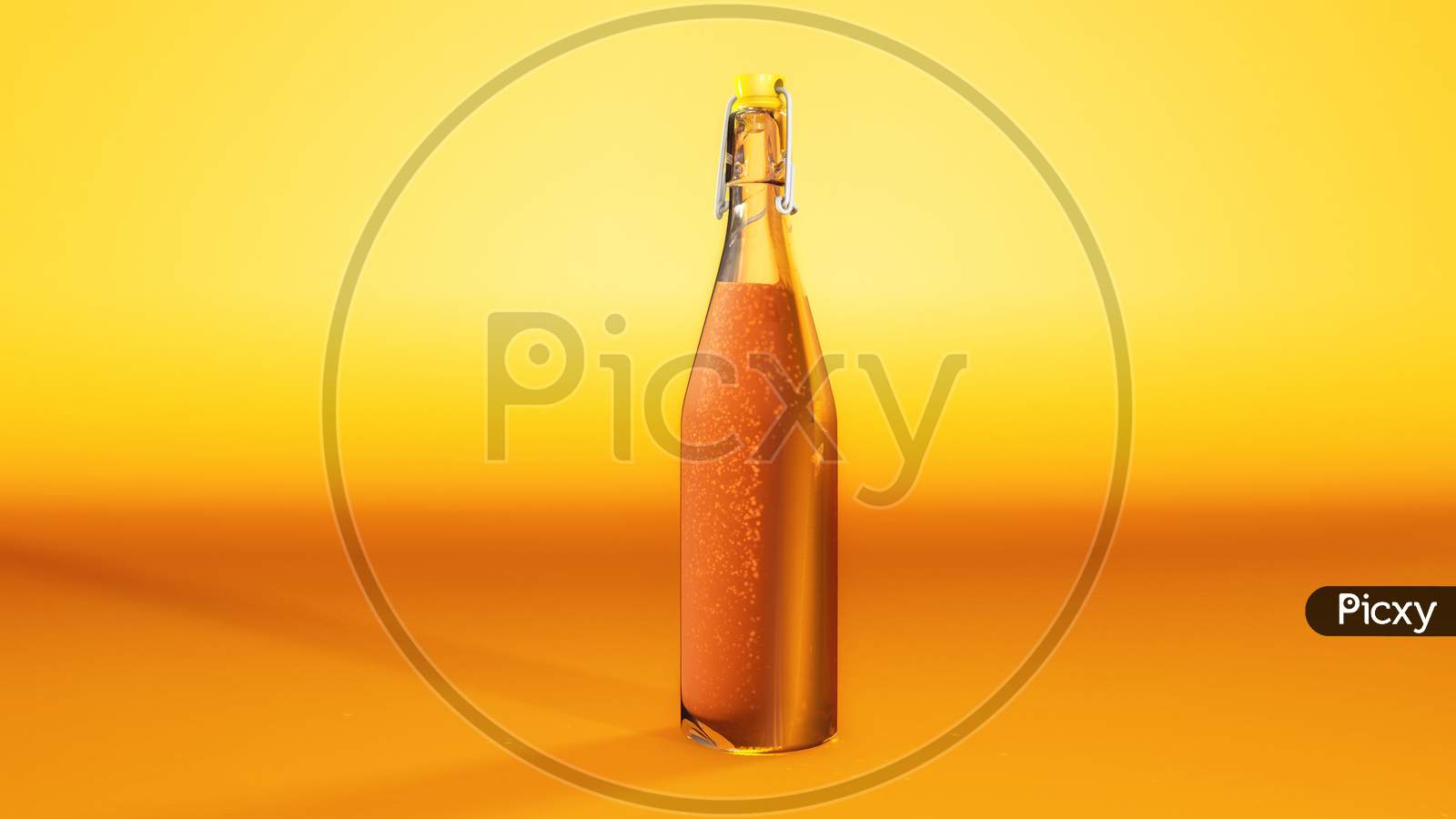 Orange Juice With Soda In Glass Bottle With Orange Background. Drink And Freshness Beverage Concept. 3D Illustration Rendering