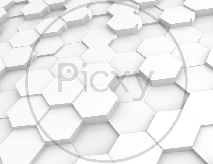 3D Futursitics Rendering White Abstract Honeycomb Random Surface Level Background With Lighting And Shadow. Tilt Angle