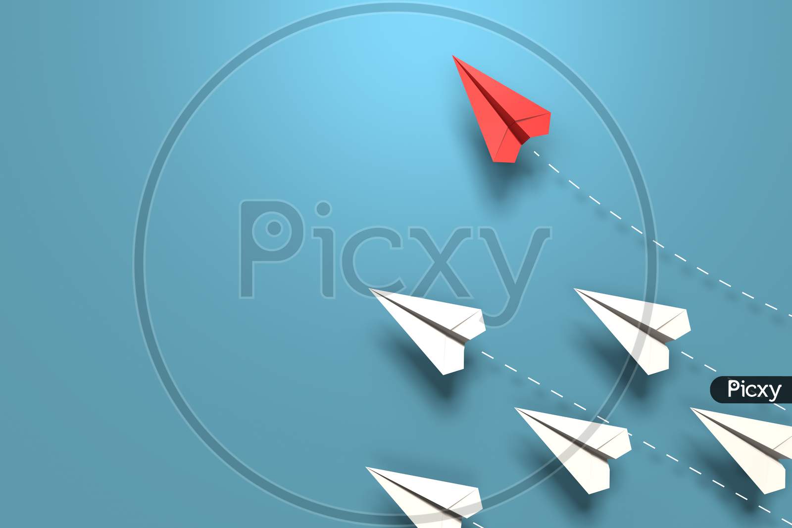 Red Paper Origami Plane Have Individual Direction From Unique White Planes In Different Way On Blue Background. Business Strategy And Opportunity Concept. 3D Illustration