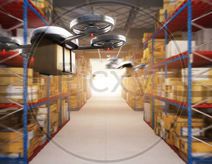 Delivery Drone Delivering The Packages To The Distribution Center And Customers From Warehouse Storage. Futuristics Industrial Technology Transportation Vehicle Concept. 3D Illustration Rendering