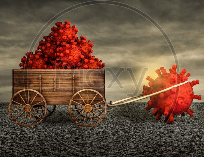Coronavirus Influenza Dragging A Farm Cart Of Other Coronavirus On Asphalt In A Sunset Day. Protection Against ''2019-Ncov'' Or Infectious Epidemic Risk Or Spread Concept. 3D Illustration