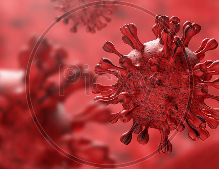 Super Closeup Coronavirus Covid-19 In Human Lung Body Background. Science And Micro Biology Concept. Red Corona Virus Outbreak Epidemic. Medical Health And Virology Infection. 3D Illustration Render