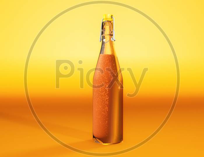 Orange Juice With Soda In Glass Bottle With Orange Background. Drink And Freshness Beverage Concept. 3D Illustration Rendering