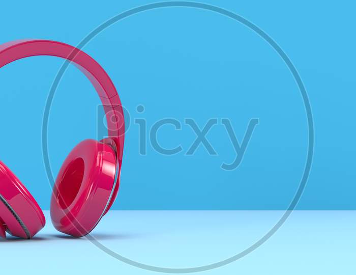 Pink Podcast Microphone On Blue Background. Entertainment And Online Video Conference Concept. 3D Illustration Rendering