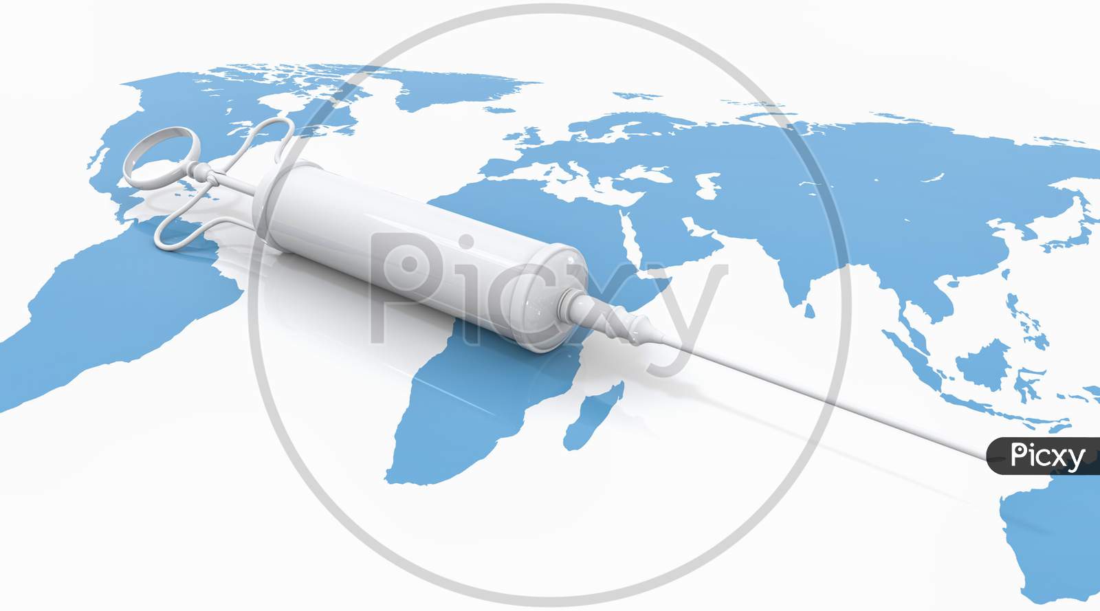 White Vaccine Syringe On Blue Worldwide International Map As Human Skin Background. Medical And Health Concept. Virus Immunity Vaccine Delivery And Distribution Concept. 3D Illustration