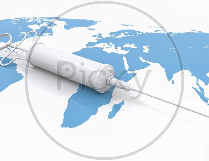 White Vaccine Syringe On Blue Worldwide International Map As Human Skin Background. Medical And Health Concept. Virus Immunity Vaccine Delivery And Distribution Concept. 3D Illustration