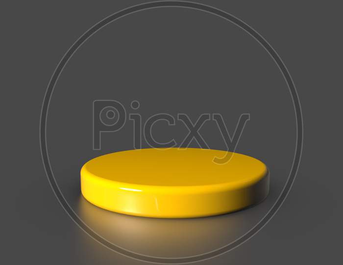 Yellow Product Showcase Pedestal Stand On Gray Background. Abstract Minimal Concept. Studio Podium Platform Theme. Exhibition And Business Marketing Presentation Stage. 3D Illustration Rendering