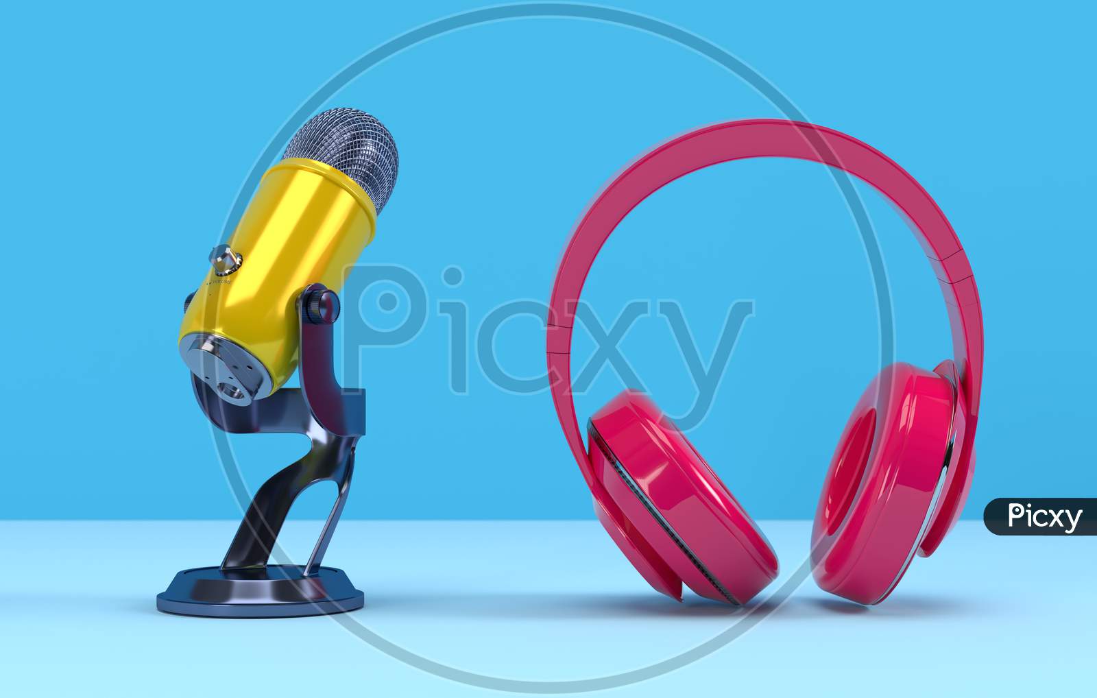 Yellow Podcast Microphone And Pink Headphone On Blue Background. Entertainment And Online Video Conference Concept. 3D Illustration Rendering