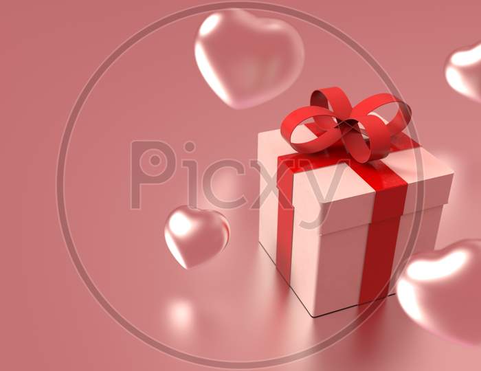 Pink Gift Box With Red Ribbon And Many Rainy Heart Falling From Sky On Pink Background. Valentine Christmas Holiday And Black Friday Concept. Celebration And Birthday Event. 3D Illustration
