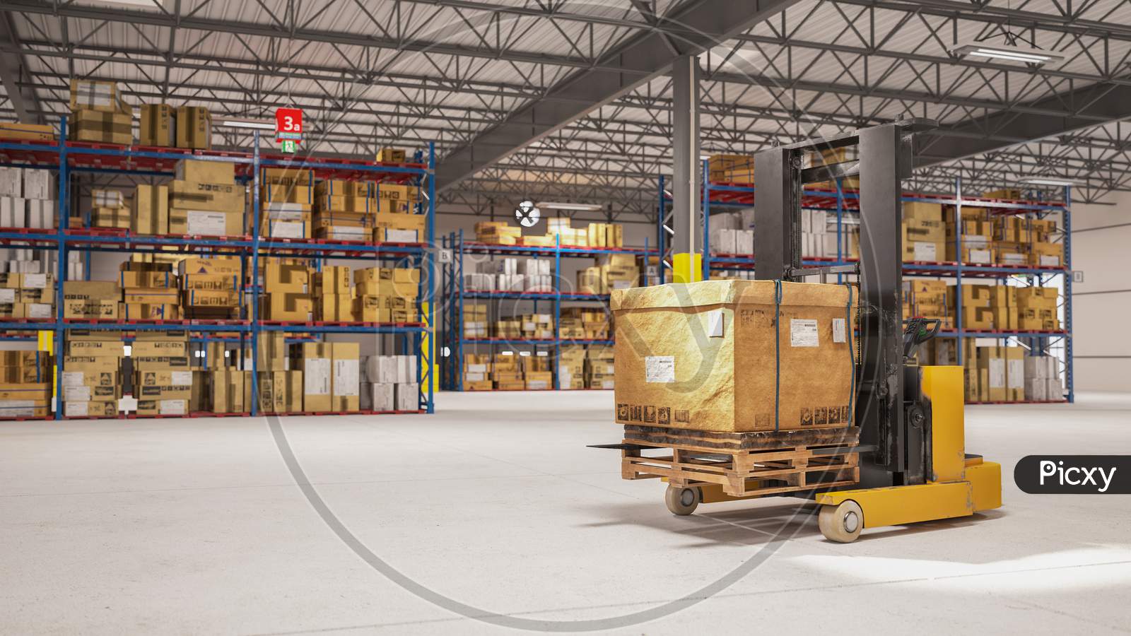 Electric Stacker Hand Pallet Lift Lifting Carton Package For Customer Delivery In Storage Warehouse. Business And Logistics Concept. Vehicle Transportation Shipping Industry. 3D Illustration Rendering