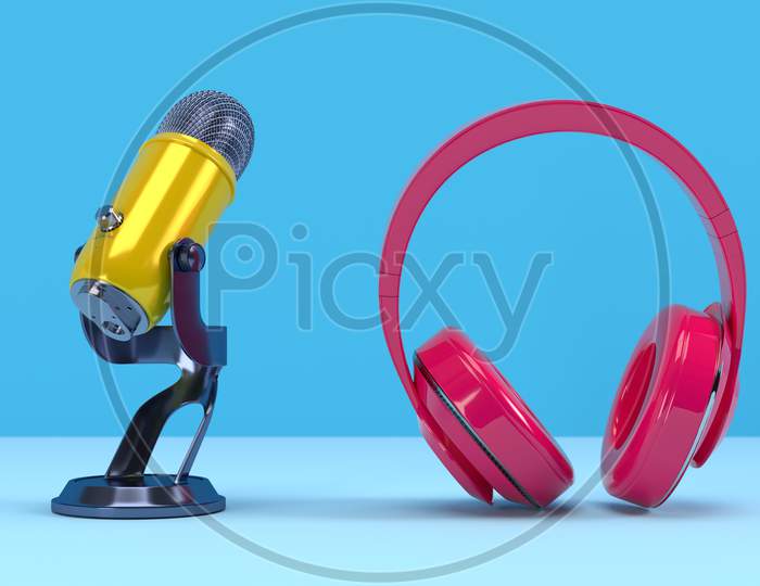 Yellow Podcast Microphone And Pink Headphone On Blue Background. Entertainment And Online Video Conference Concept. 3D Illustration Rendering