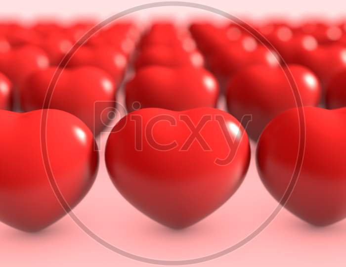 Group Of Red Rubber Valentines Heart Massing In Production Line Factory On Pink Background. Holiday And Affection Love Concept Passion. Greeting Card And Celebration Theme. 3D Illustration