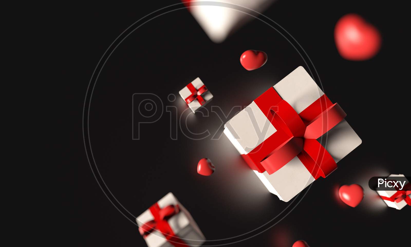 Top View Of White Gift Box With Red Ribbon And Many Heart Falling From Sky On Black Background. Valentine Christmas Holiday And Black Friday Concept. Birthday Celebration Event Banner. 3D Illustration