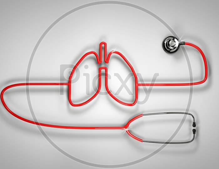 Stethoscope Shape Lung On White - Grey Background. Concept Healthcare. 3D Render